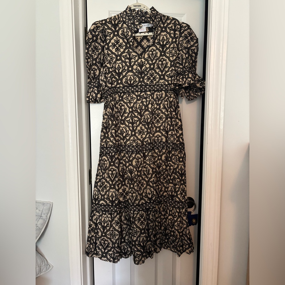 Gretchen Scott Designs Black and Tan One Shoulder Ruffled Sundress